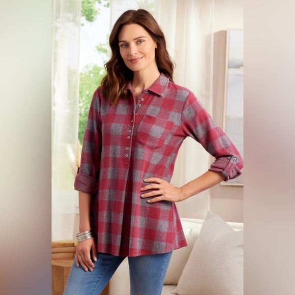 Soft Surroundings Mad About Plaid Tunic in Red and Grey Buffalo Check Size Small - Picture 1 of 7